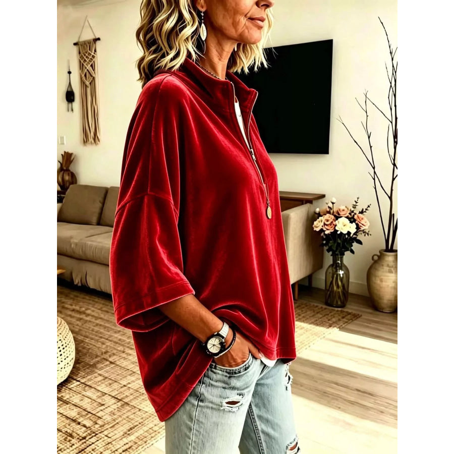 Full Size Velvet Quarter-Zip Sweatshirt Plus Size Apparel and Accessories