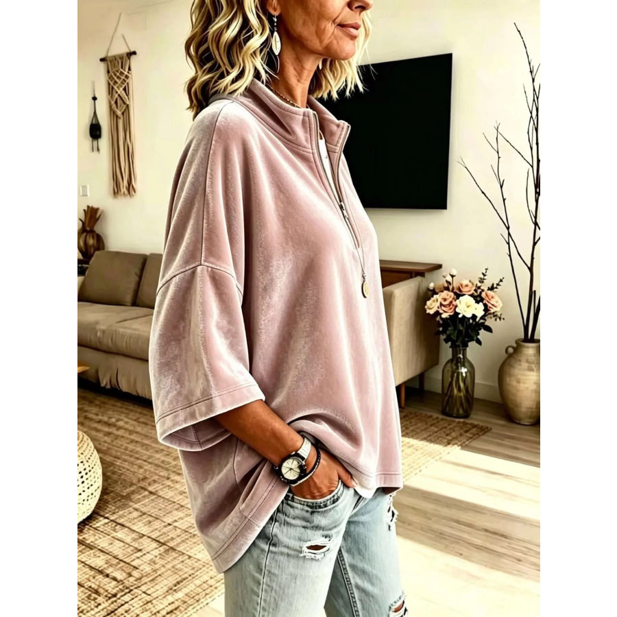 Full Size Velvet Quarter-Zip Sweatshirt Plus Size Apparel and Accessories