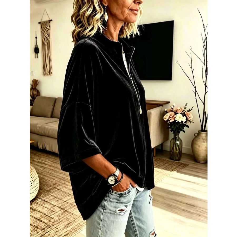 Full Size Velvet Quarter-Zip Sweatshirt Plus Size Apparel and Accessories