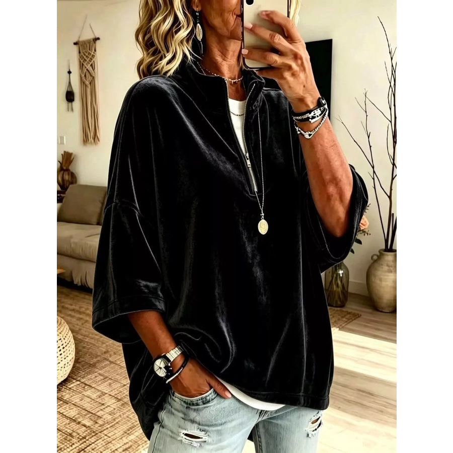 Full Size Velvet Quarter-Zip Sweatshirt Plus Size Black / S Apparel and Accessories