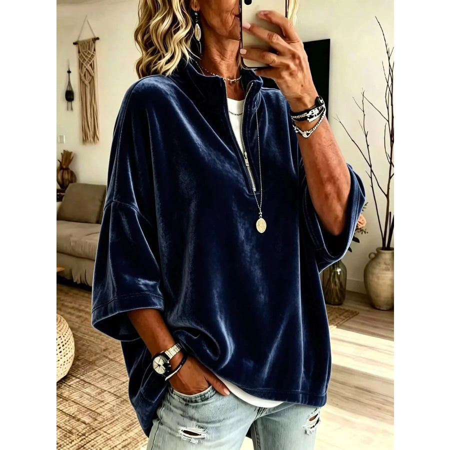 Full Size Velvet Quarter-Zip Sweatshirt Plus Size Dark Blue / S Apparel and Accessories