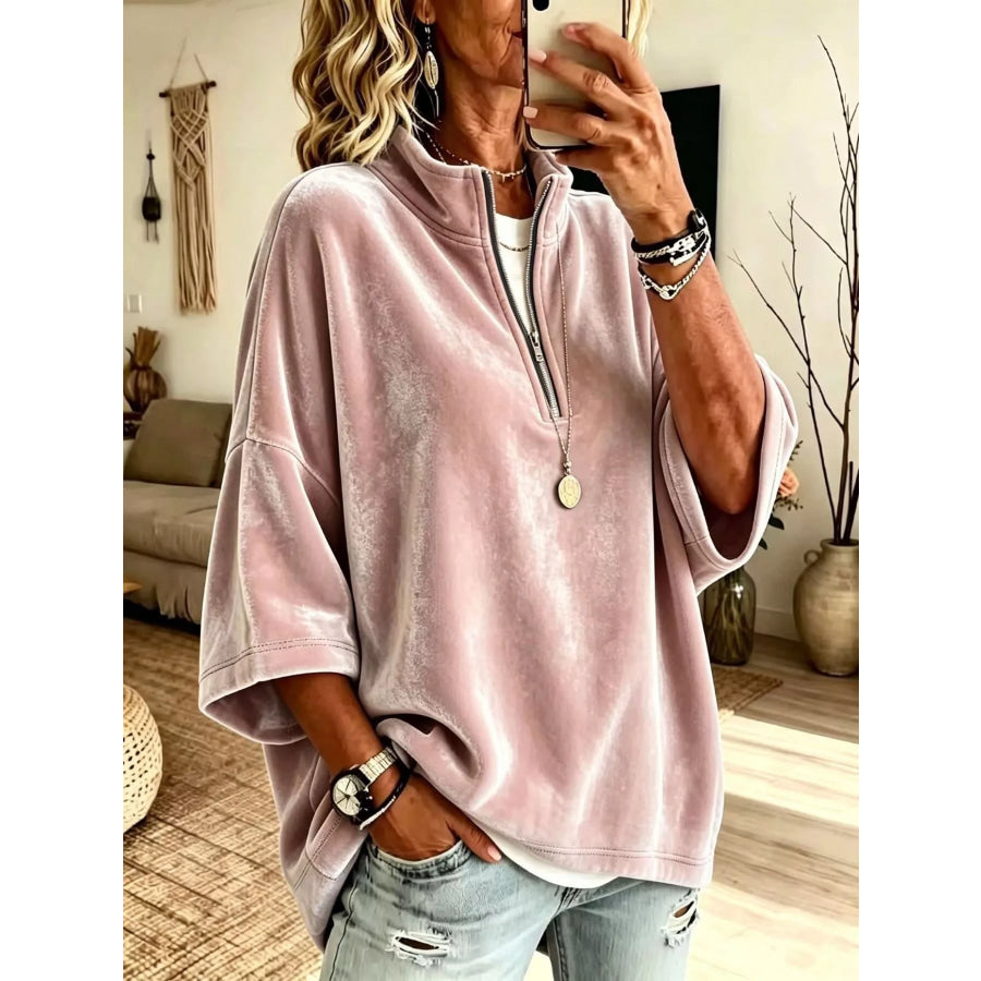 Full Size Velvet Quarter-Zip Sweatshirt Plus Size Pink / S Apparel and Accessories