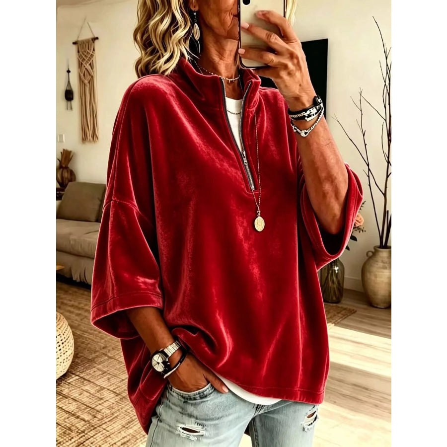 Full Size Velvet Quarter-Zip Sweatshirt Plus Size Red / S Apparel and Accessories