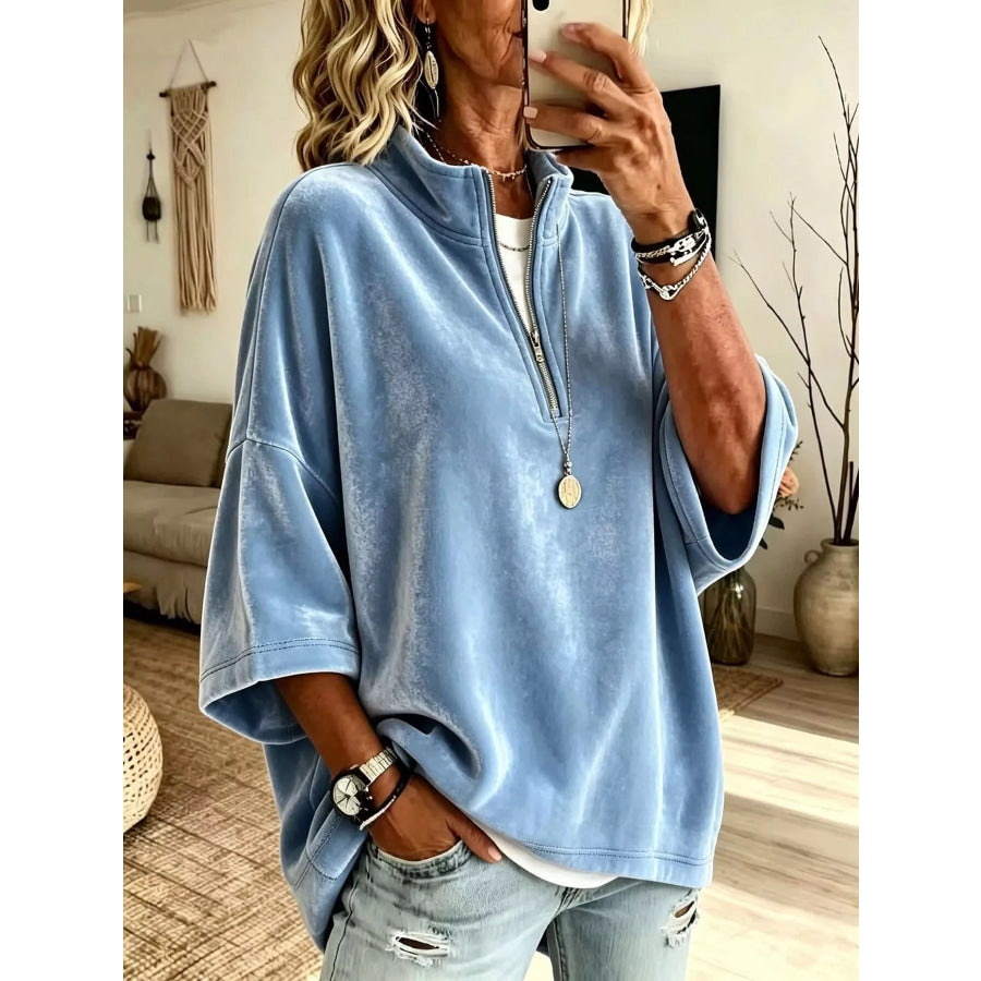 Full Size Velvet Quarter-Zip Sweatshirt Plus Size Sky Blue / S Apparel and Accessories