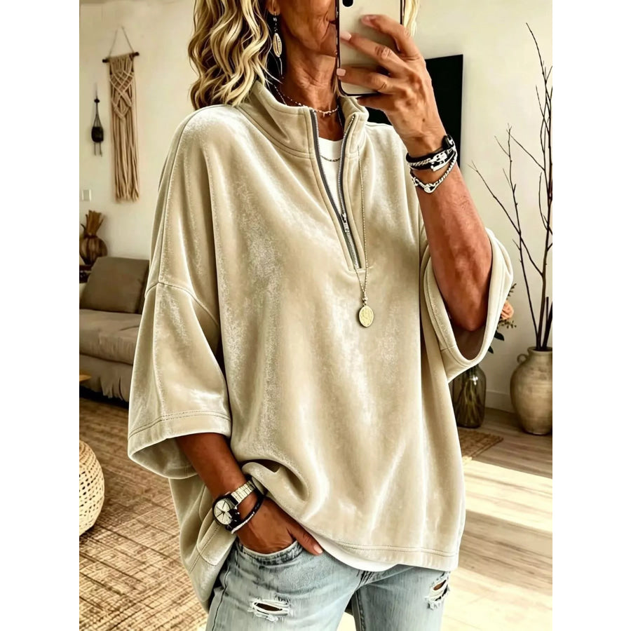 Full Size Velvet Quarter-Zip Sweatshirt Plus Size White / S Apparel and Accessories