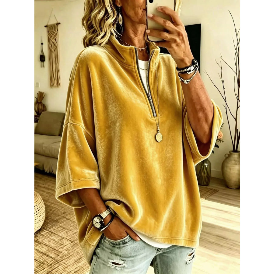 Full Size Velvet Quarter-Zip Sweatshirt Plus Size Yellow / S Apparel and Accessories