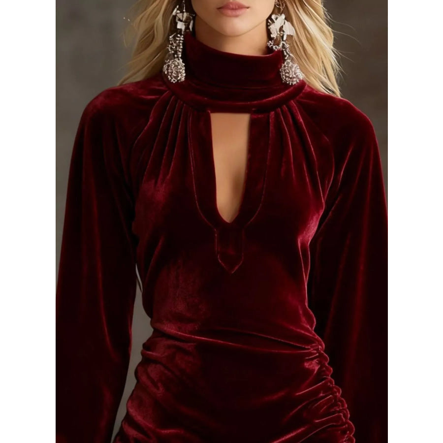 Full Size Velvet Ruched Flounce Sleeve Mini Dress Plus Size Apparel and Accessories