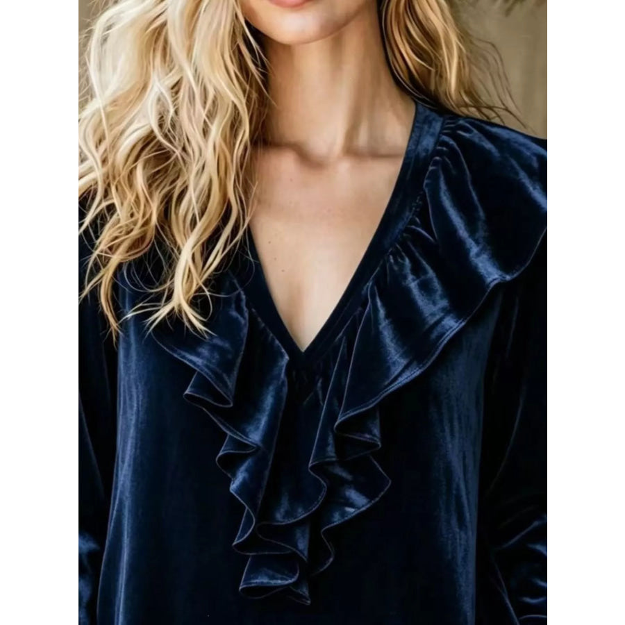 Full Size Velvet Ruffle V-Neck Blouse Plus Apparel and Accessories