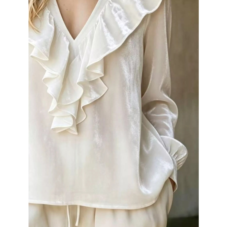 Full Size Velvet Ruffle V-Neck Blouse Plus Apparel and Accessories