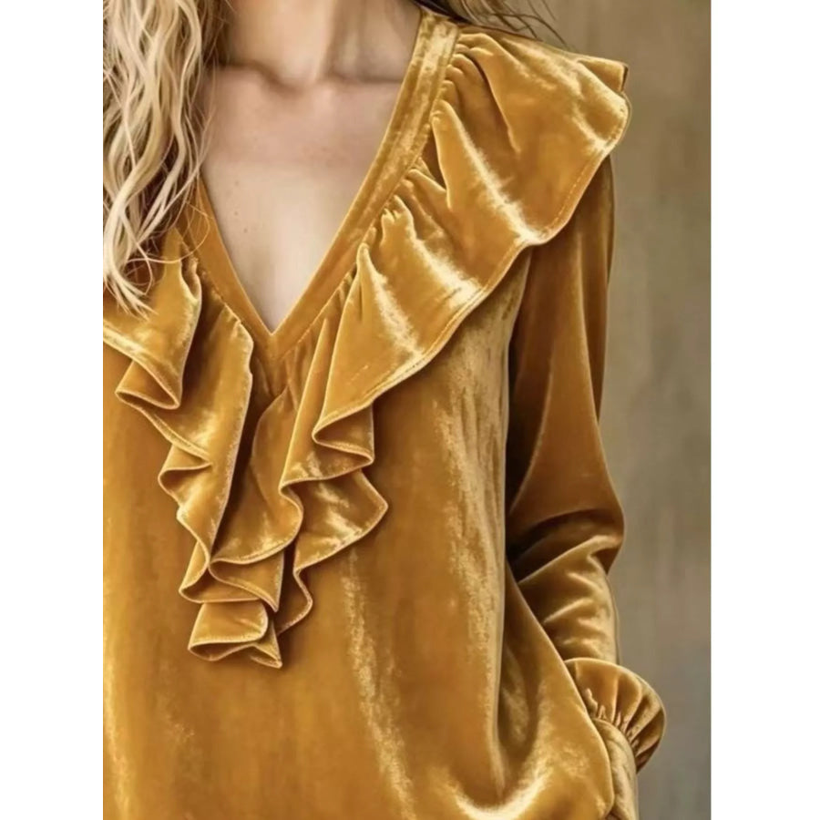 Full Size Velvet Ruffle V-Neck Blouse Plus Apparel and Accessories