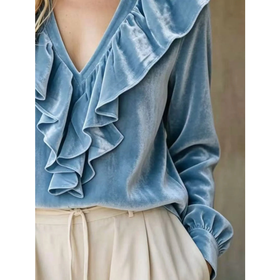 Full Size Velvet Ruffle V-Neck Blouse Plus Apparel and Accessories