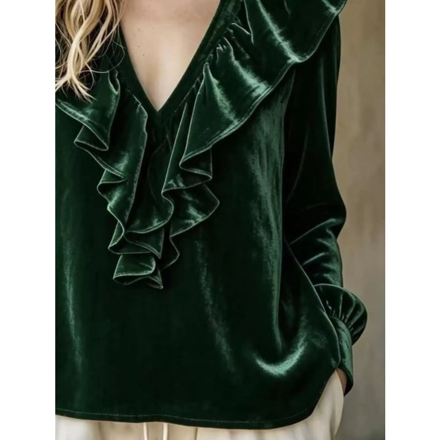 Full Size Velvet Ruffle V-Neck Blouse Plus Apparel and Accessories