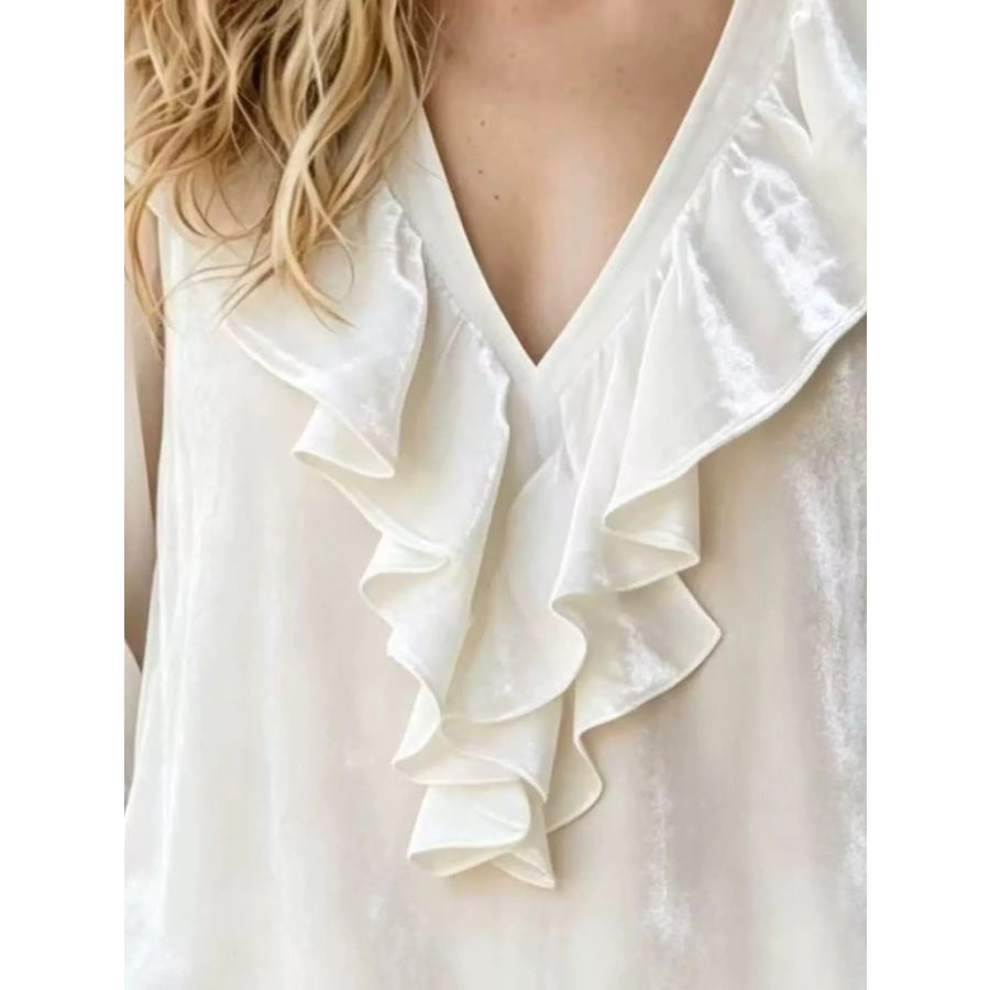 Full Size Velvet Ruffle V-Neck Blouse Plus Apparel and Accessories