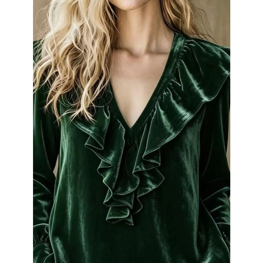 Full Size Velvet Ruffle V-Neck Blouse Plus Apparel and Accessories