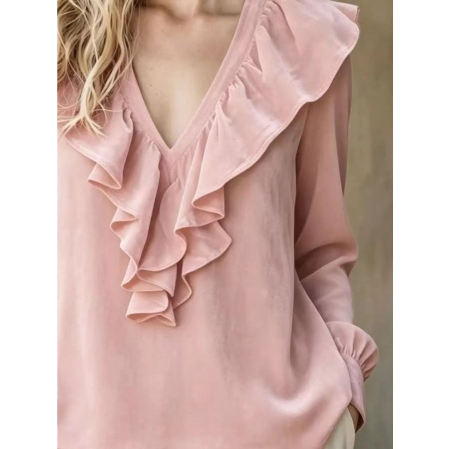 Full Size Velvet Ruffle V-Neck Blouse Plus Apparel and Accessories