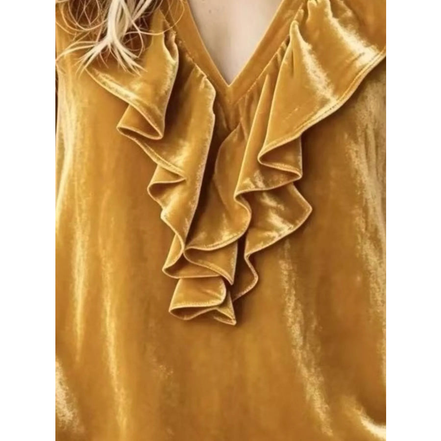 Full Size Velvet Ruffle V-Neck Blouse Plus Apparel and Accessories