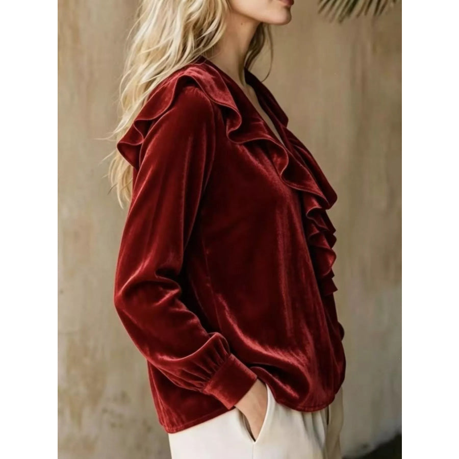 Full Size Velvet Ruffle V-Neck Blouse Plus Apparel and Accessories