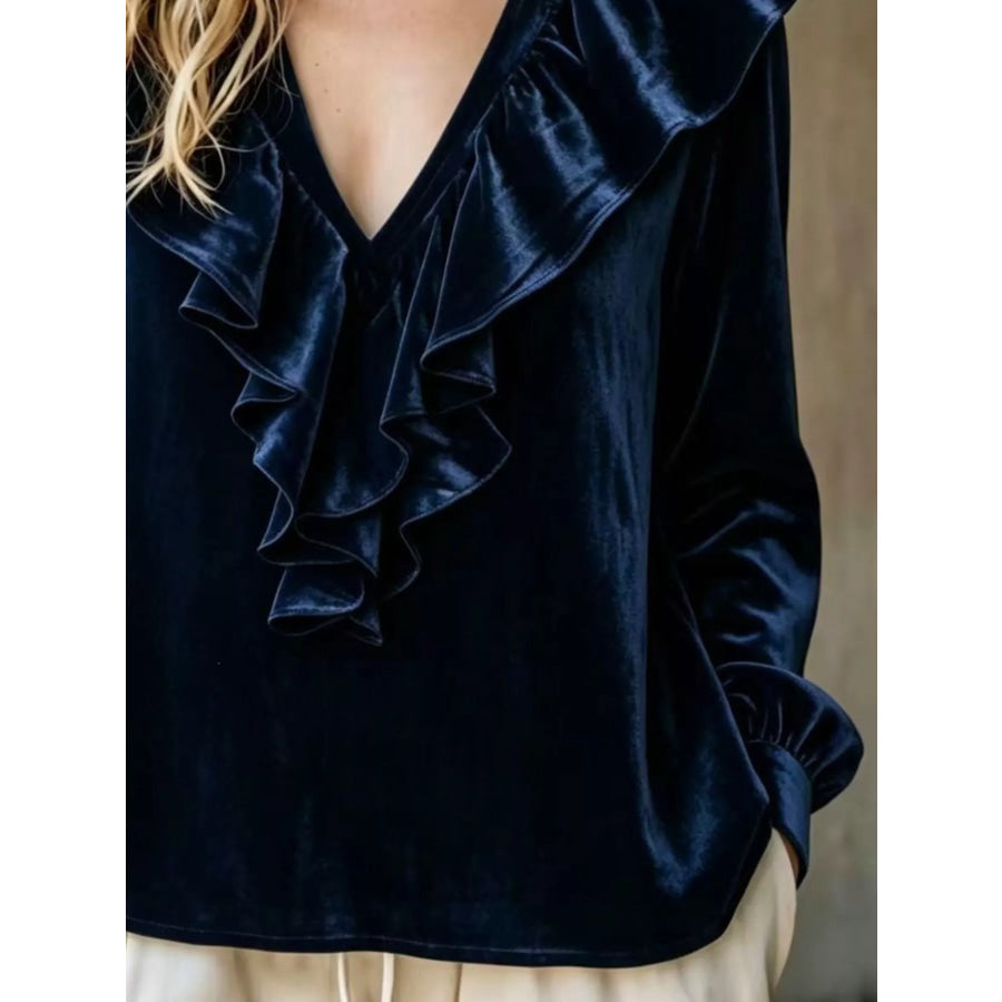 Full Size Velvet Ruffle V-Neck Blouse Plus Apparel and Accessories