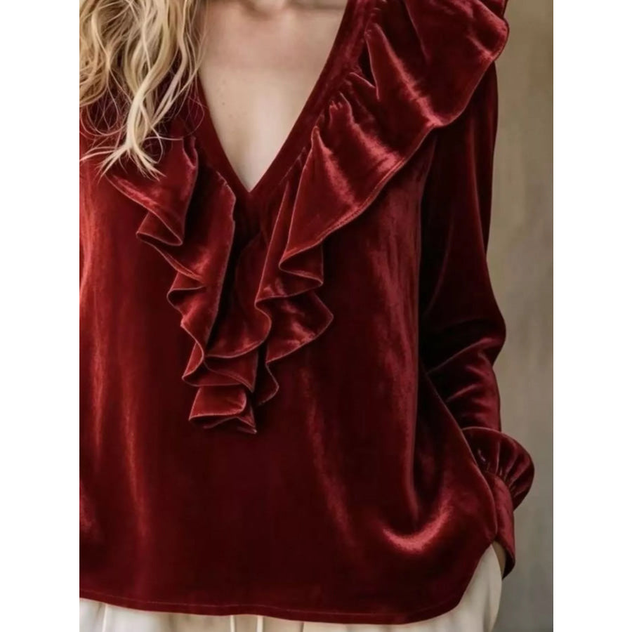 Full Size Velvet Ruffle V-Neck Blouse Plus Apparel and Accessories