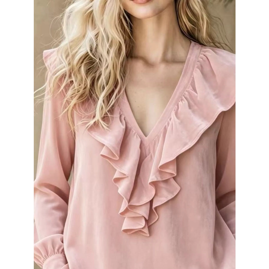 Full Size Velvet Ruffle V-Neck Blouse Plus Apparel and Accessories