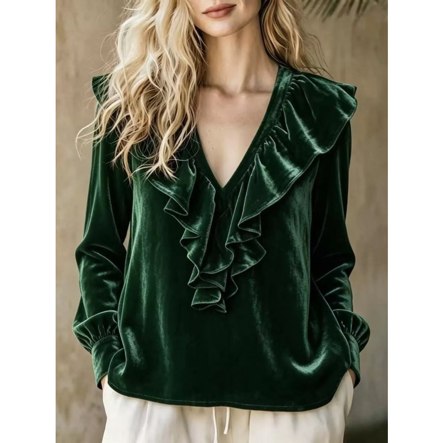 Full Size Velvet Ruffle V-Neck Blouse Plus Black Forest / S Apparel and Accessories
