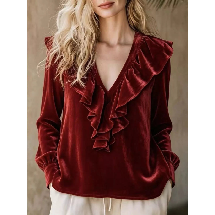 Full Size Velvet Ruffle V-Neck Blouse Plus Burgundy / S Apparel and Accessories