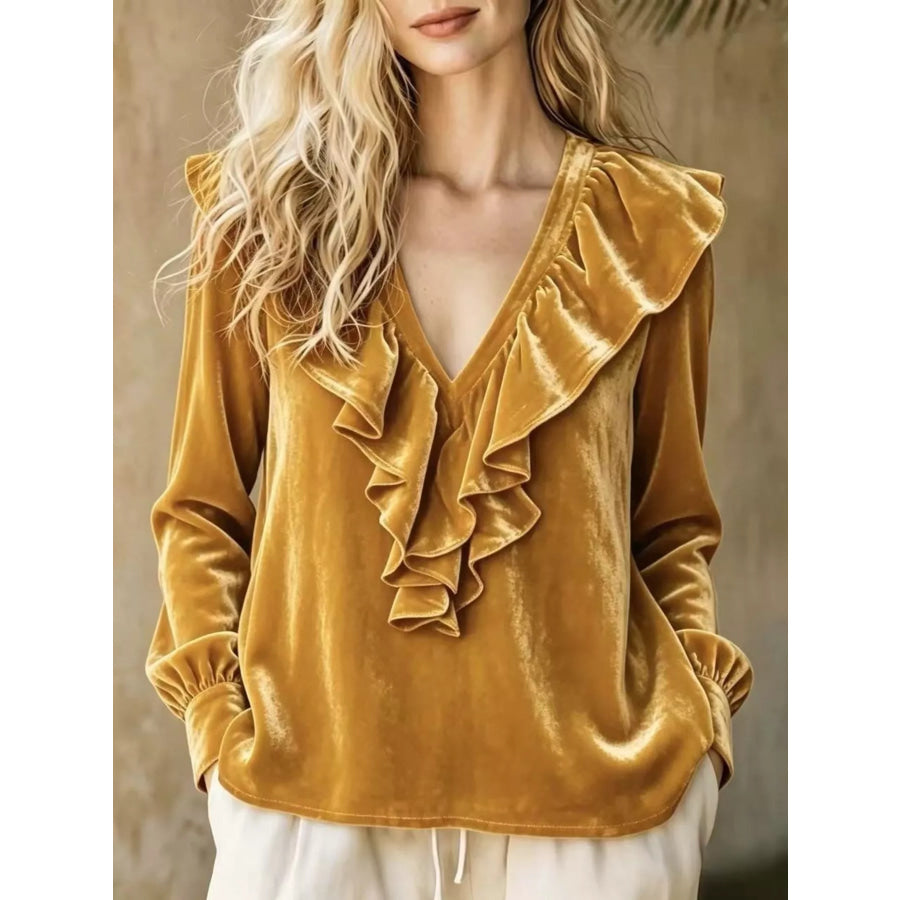 Full Size Velvet Ruffle V-Neck Blouse Plus Camel / S Apparel and Accessories