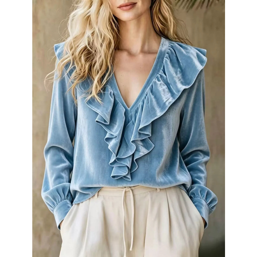 Full Size Velvet Ruffle V-Neck Blouse Plus Cerulean / S Apparel and Accessories