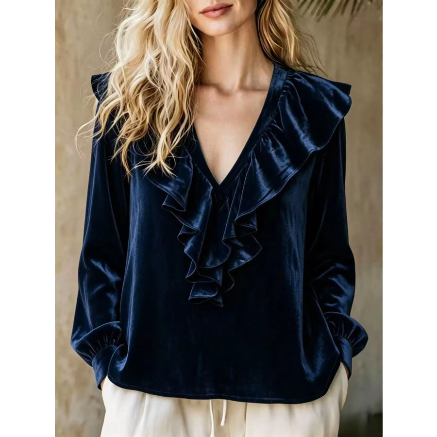 Full Size Velvet Ruffle V-Neck Blouse Plus Dark Navy / S Apparel and Accessories