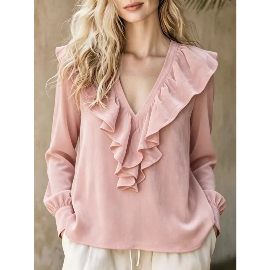 Full Size Velvet Ruffle V-Neck Blouse Plus Dusty Pink / S Apparel and Accessories