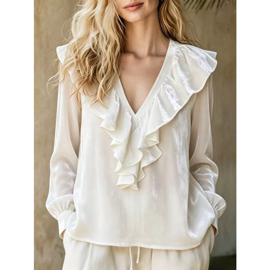 Full Size Velvet Ruffle V-Neck Blouse Plus White / S Apparel and Accessories