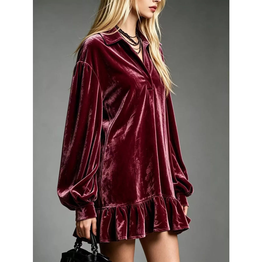 Full Size Velvet Ruffled Hem Long Sleeve Dress Plus Size Apparel and Accessories