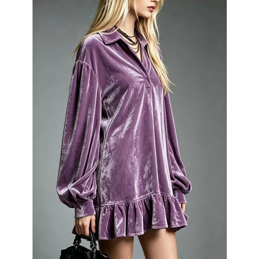 Full Size Velvet Ruffled Hem Long Sleeve Dress Plus Size Apparel and Accessories