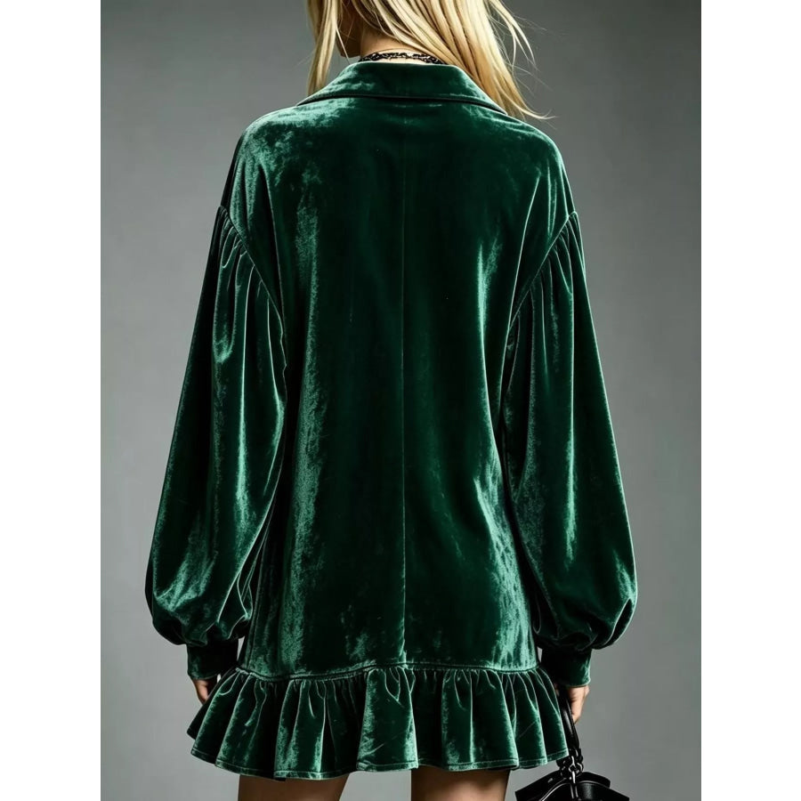 Full Size Velvet Ruffled Hem Long Sleeve Dress Plus Size Apparel and Accessories