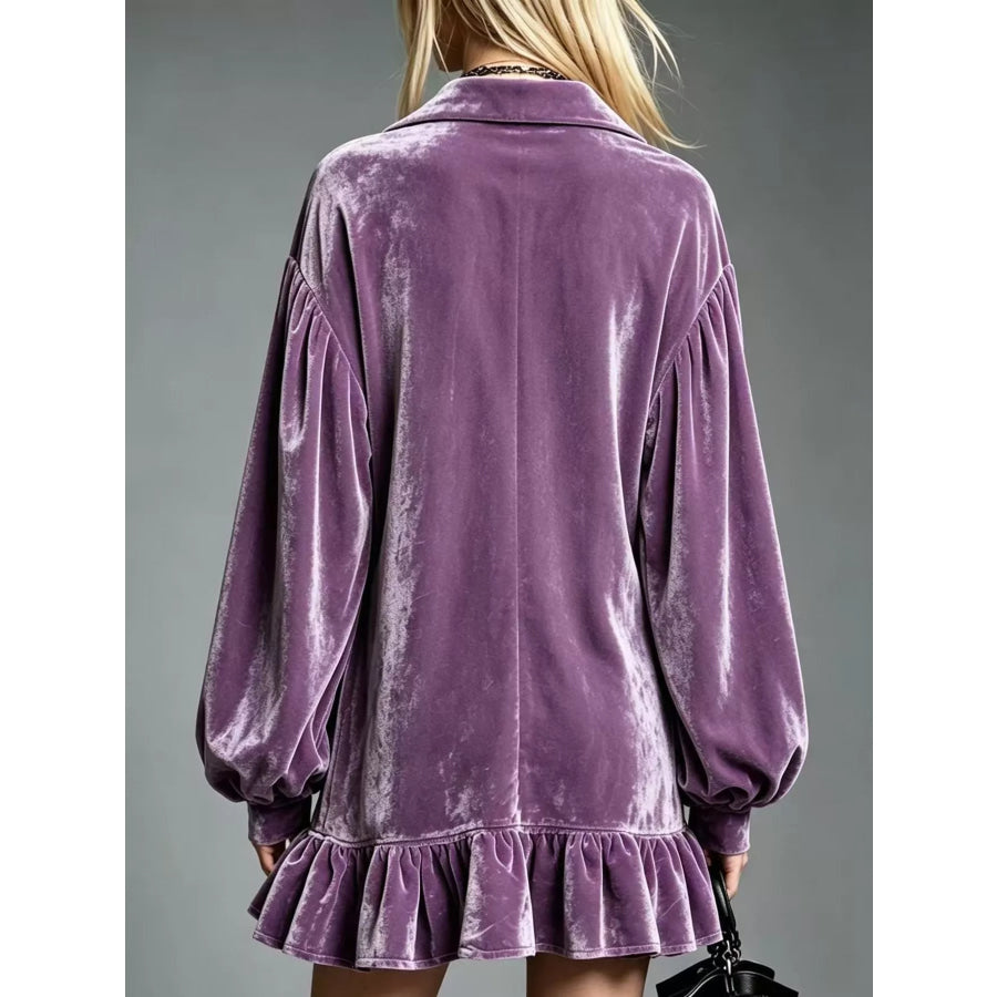 Full Size Velvet Ruffled Hem Long Sleeve Dress Plus Size Apparel and Accessories