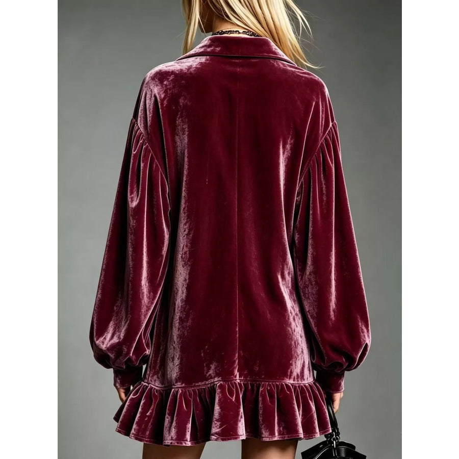Full Size Velvet Ruffled Hem Long Sleeve Dress Plus Size Apparel and Accessories