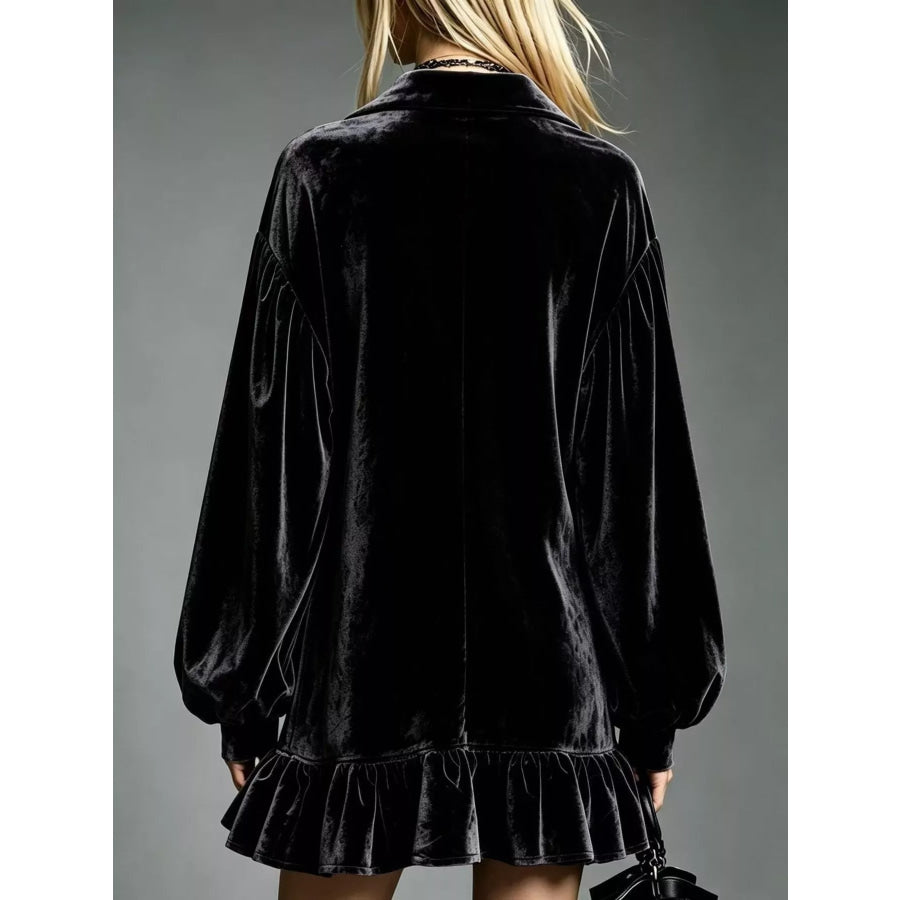 Full Size Velvet Ruffled Hem Long Sleeve Dress Plus Size Apparel and Accessories