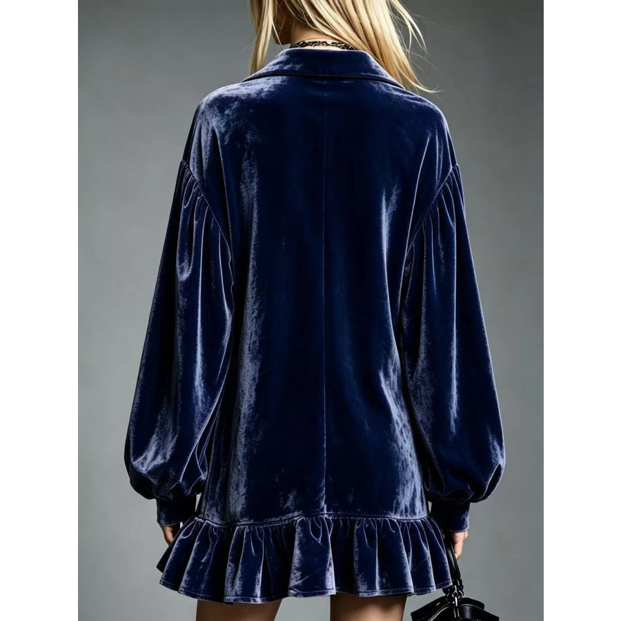 Full Size Velvet Ruffled Hem Long Sleeve Dress Plus Size Apparel and Accessories