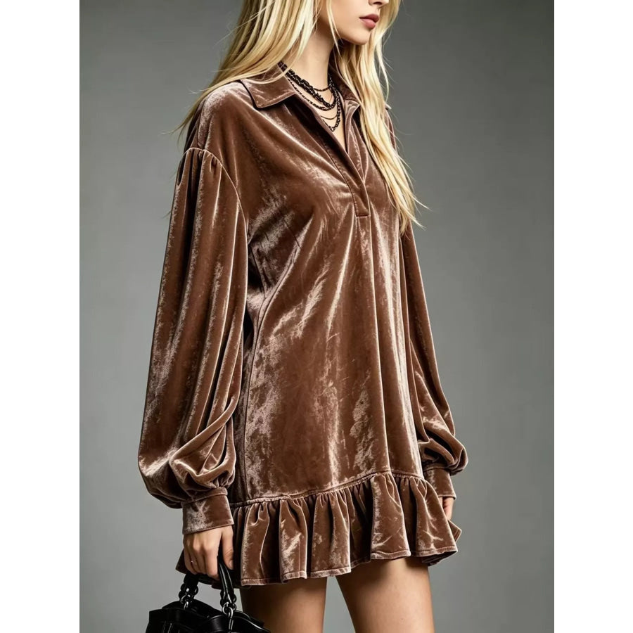 Full Size Velvet Ruffled Hem Long Sleeve Dress Plus Size Apparel and Accessories