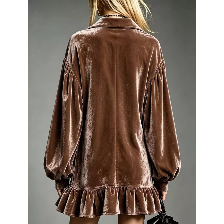 Full Size Velvet Ruffled Hem Long Sleeve Dress Plus Size Apparel and Accessories