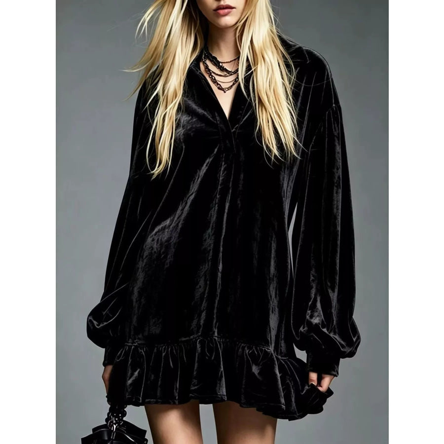 Full Size Velvet Ruffled Hem Long Sleeve Dress Plus Size Black / S Apparel and Accessories