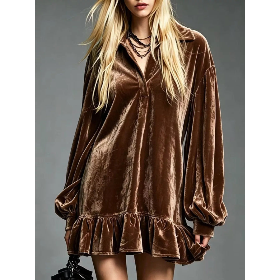 Full Size Velvet Ruffled Hem Long Sleeve Dress Plus Size Brown / S Apparel and Accessories