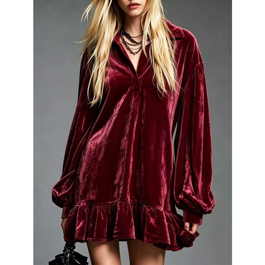 Full Size Velvet Ruffled Hem Long Sleeve Dress Plus Size Burgundy / S Apparel and Accessories