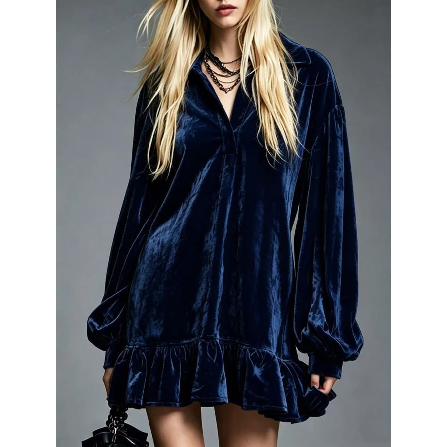 Full Size Velvet Ruffled Hem Long Sleeve Dress Plus Size Dark Blue / S Apparel and Accessories