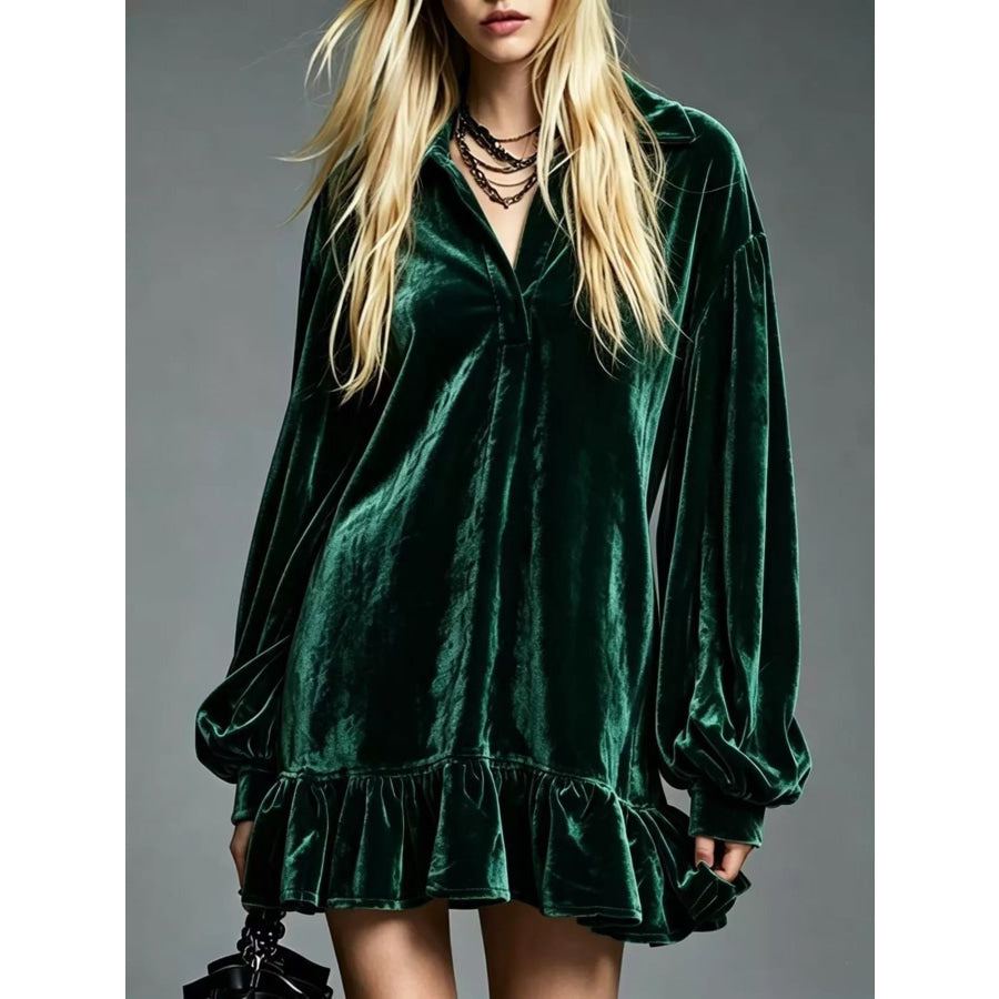 Full Size Velvet Ruffled Hem Long Sleeve Dress Plus Size Dark Green / S Apparel and Accessories