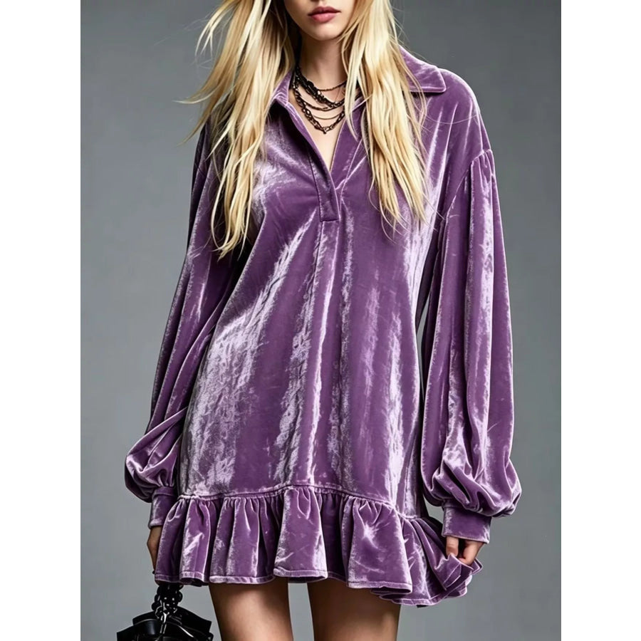 Full Size Velvet Ruffled Hem Long Sleeve Dress Plus Size Deep Purple / S Apparel and Accessories