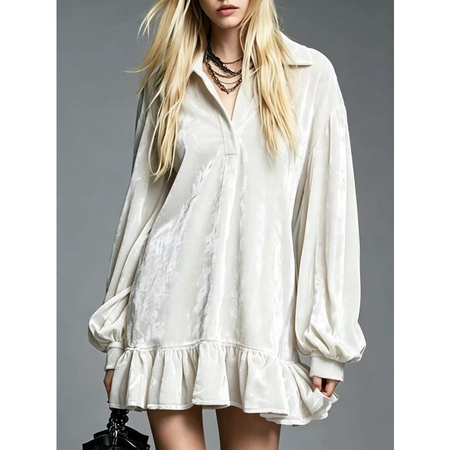 Full Size Velvet Ruffled Hem Long Sleeve Dress Plus Size White / S Apparel and Accessories