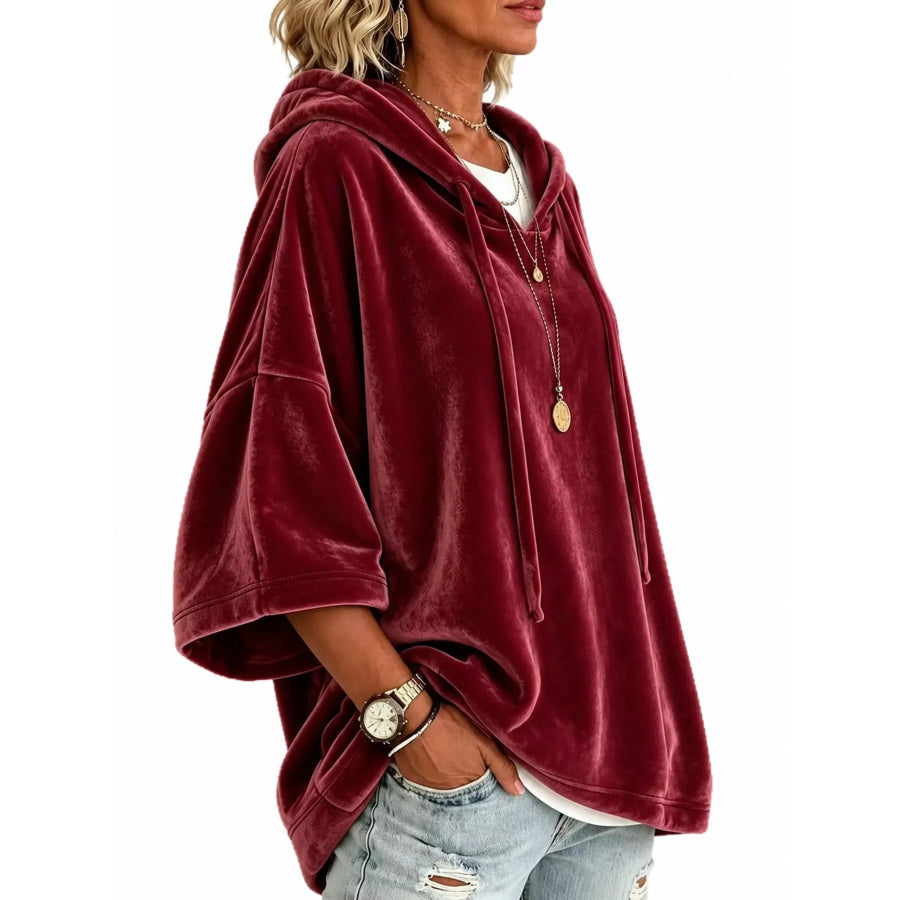 Full Size Velvet Short Sleeve Hoodie Plus Apparel and Accessories