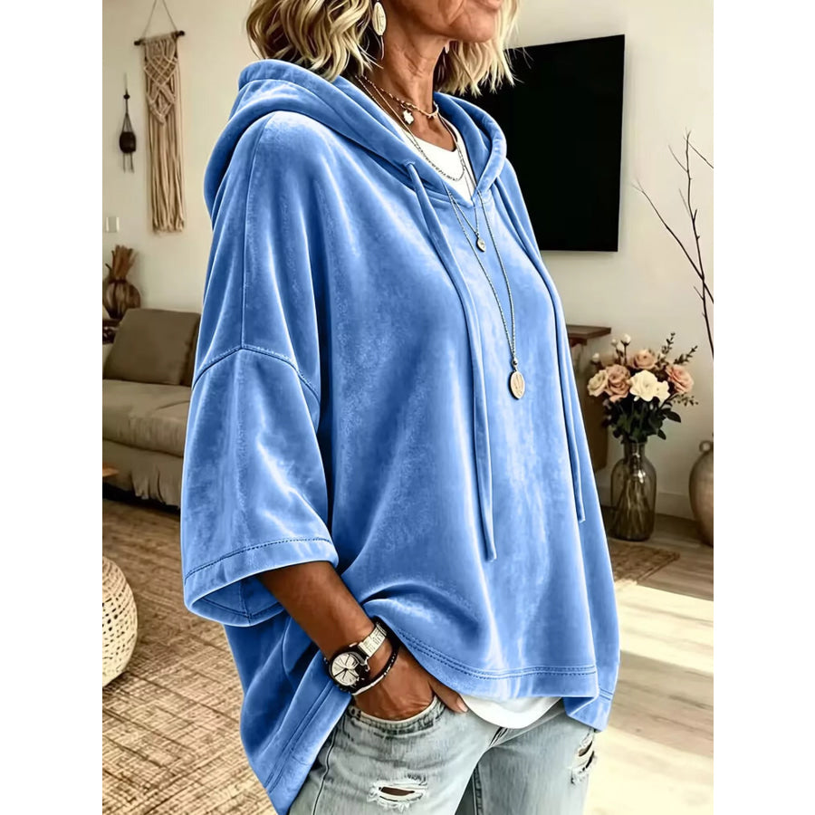 Full Size Velvet Short Sleeve Hoodie Plus Sky Blue / S Apparel and Accessories
