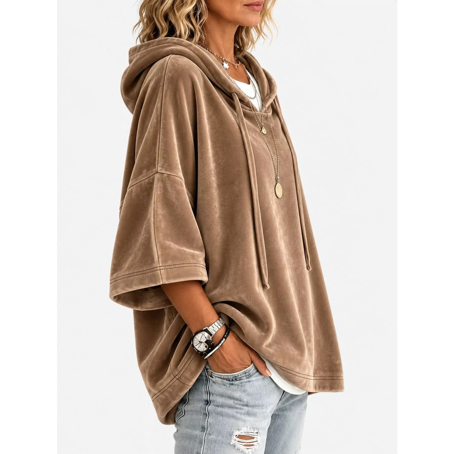 Full Size Velvet Short Sleeve Hoodie Plus Apparel and Accessories